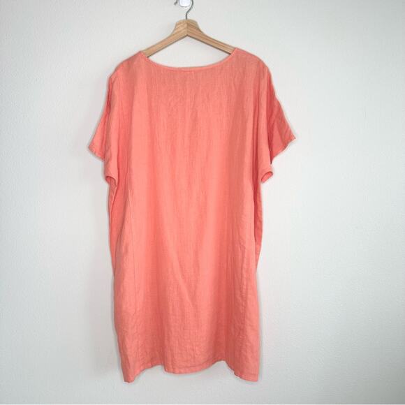 EILEEN FISHER Coral Short Sleeve Dress Size Large 100% Organic Linen - Picture 3 of 6